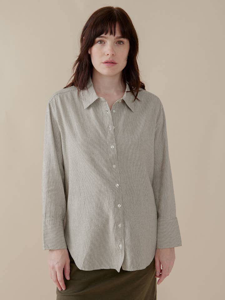 Mae Oversized Shirt Olive Stripe for wholesale by Mata Traders