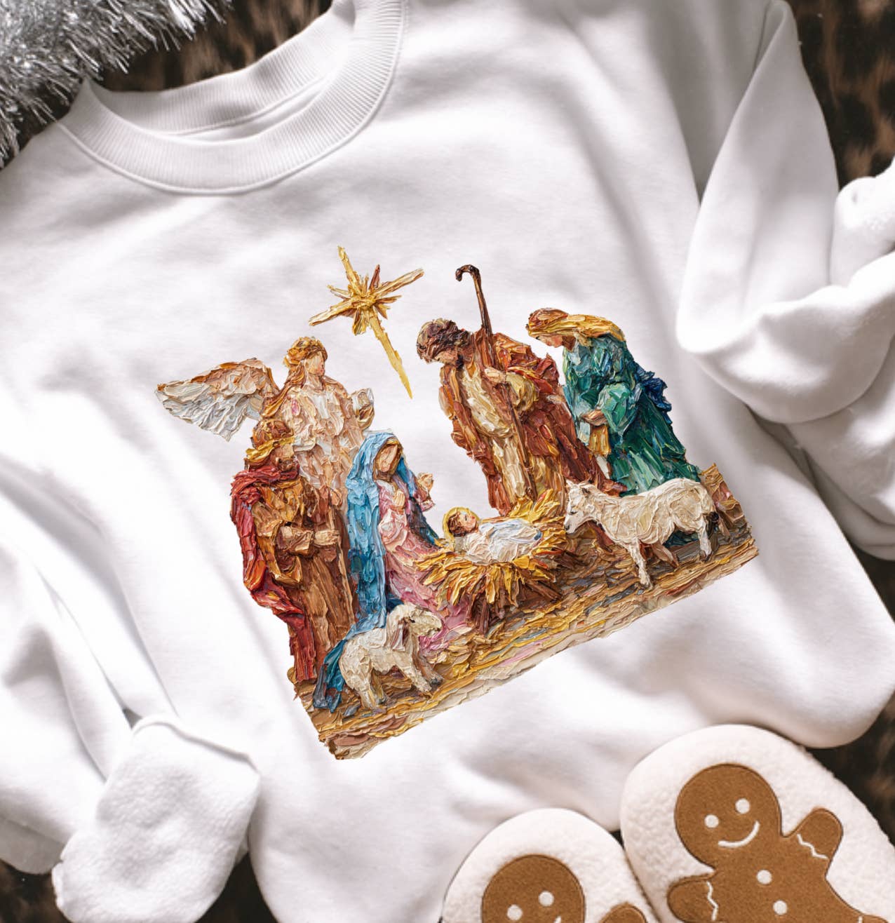 Posh Magnolia Boutique – Engroshandel Grafisk Sweatshirt - Dame – Julekrybbens Kvinders Juletrøje, Religiøs T-shirt0