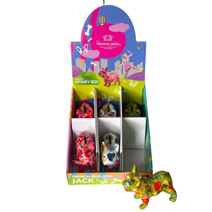 Pomme Pidou mini 'Jack' ceramic French Bulldog shaped Money Box (6 PACK IN DISPLAY BOX) for wholesale by Animal Crackers