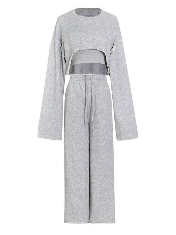 ShieldChic - Wholesale Top & Pant Set (NOT Loungewear) - Women's - Stylish Solid Color Long Sleeve Cropped Sweatershirt+Wide-Leg Pants Three-Piece Suit1