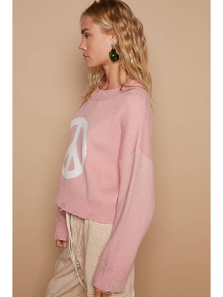 Pol Clothing - Wholesale Knit Sweater - Women's - Round neck long sleeve peace sign solid sweater SALE