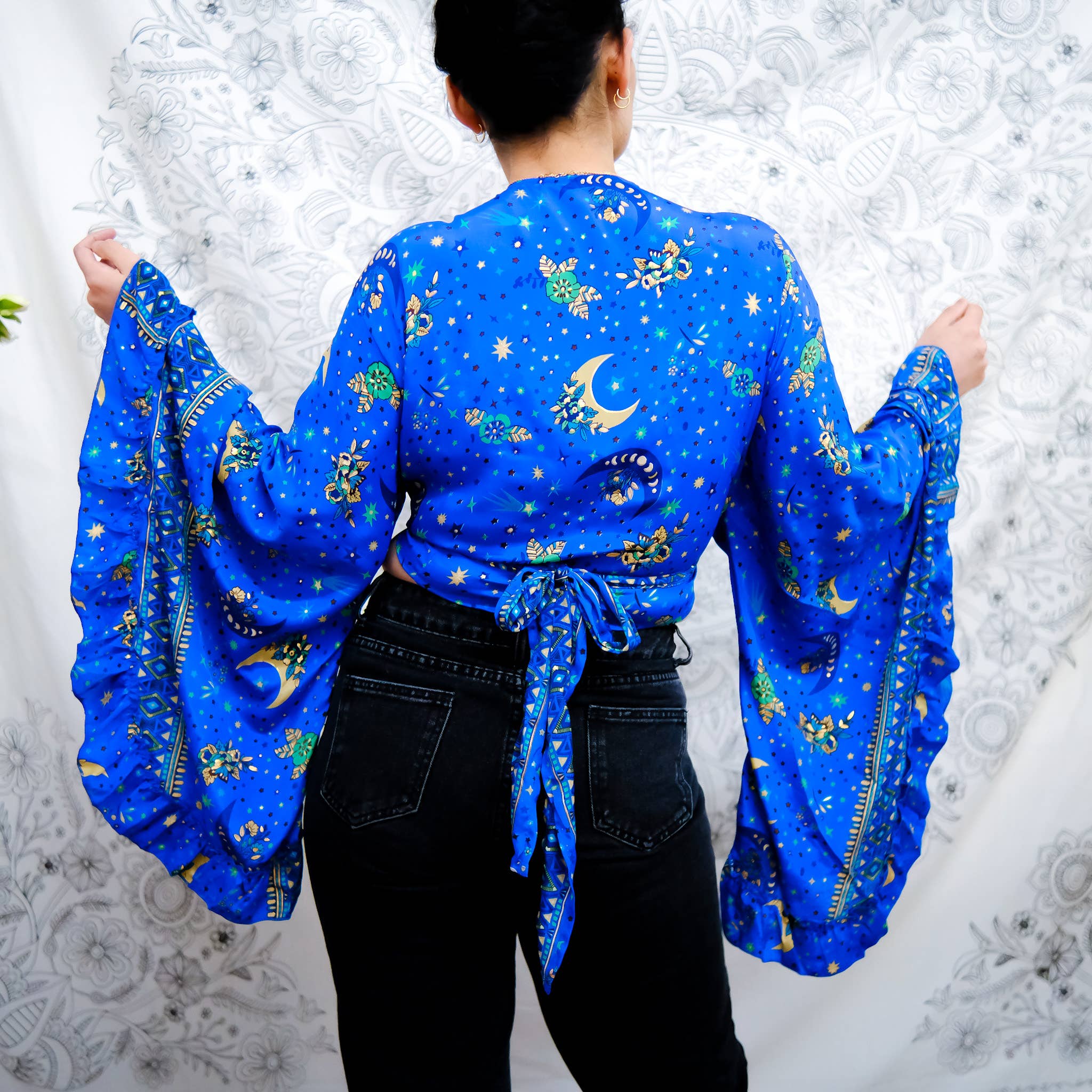 Karma Nepal Crafts - Wholesale Blouse - Women's - Bohemian Celestial Style Bell Sleeve Wrap Top with Ruffle5