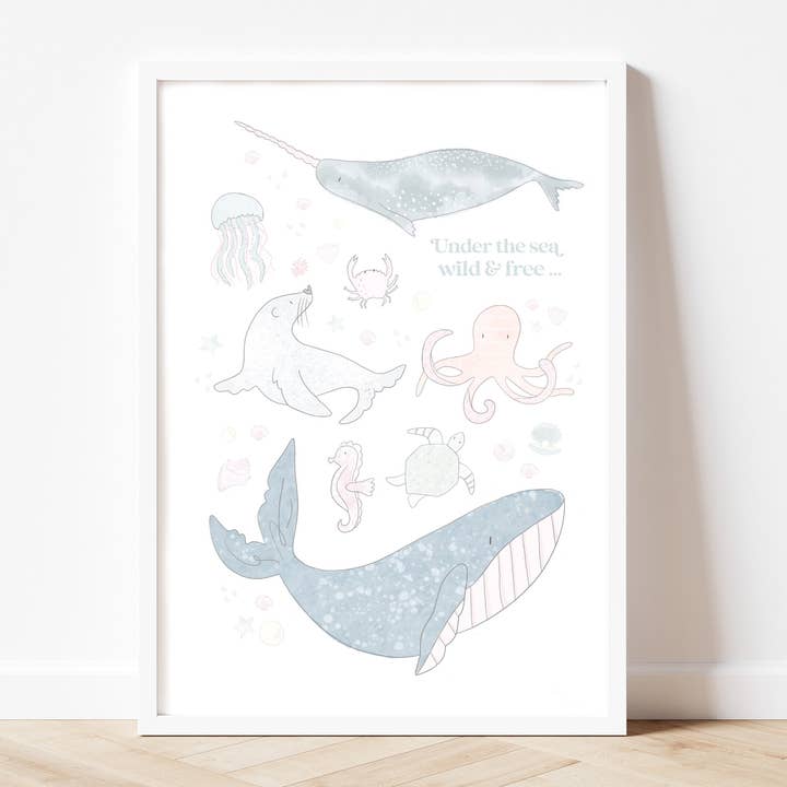 Under the sea creatures pastel gold foil print for wholesale by Nora Wright