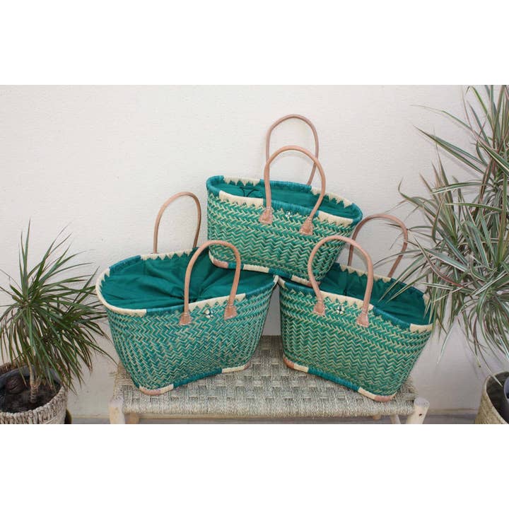 Boutique Huléti – Großhandel Strandtaschen – Türkisfarbener XXL-Korb aus Madagascar mit Beutelstoff — 3 Größen — Einkaufstasche, Einkaufstasche, Märkte, Strandtasche