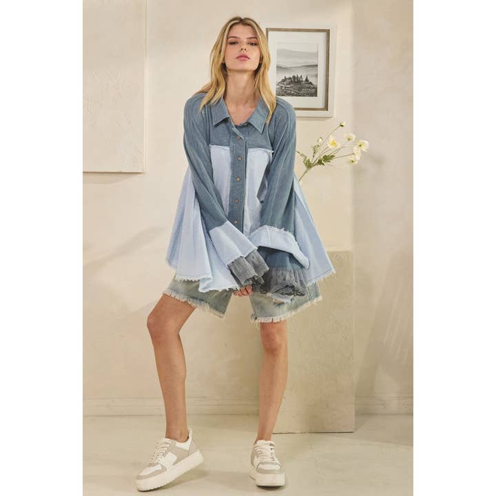 Oli&Hali - Wholesale Knit Top - Women's - WASHED FLARE LONG SLEEVE RUFFLE BUTTON DOWN TOP11