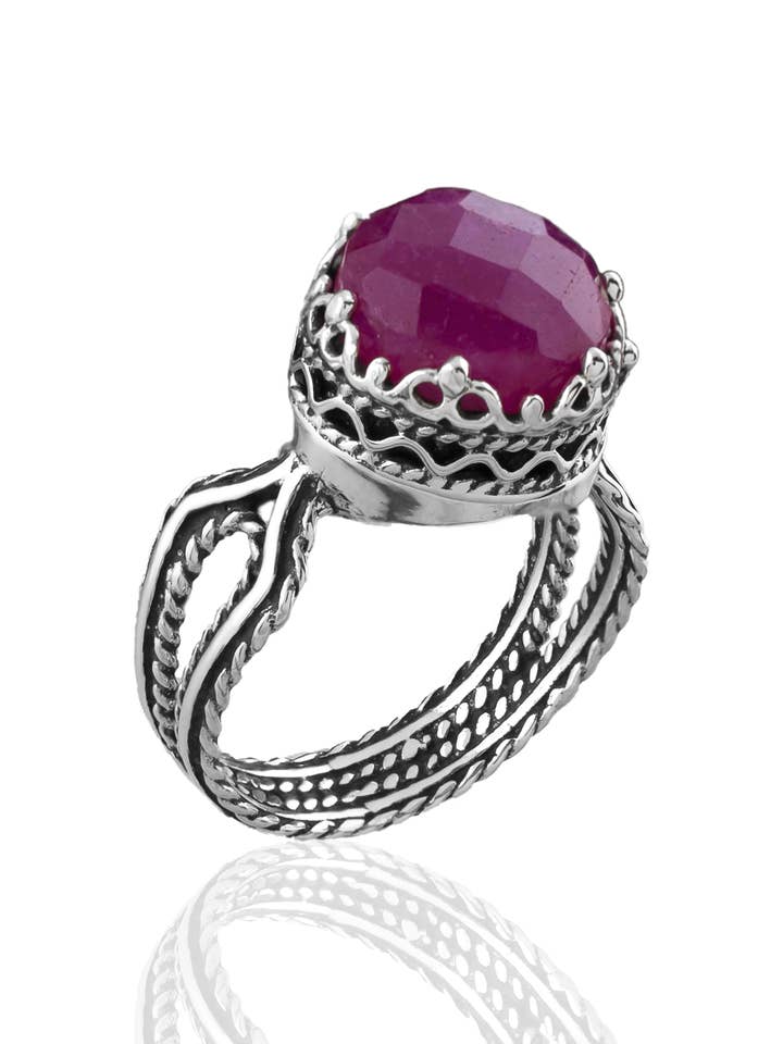 Anel de Prata Feminino com Pedra Preciosa de Rubi Corindo Artístico por atacado de Filigranist Jewelry