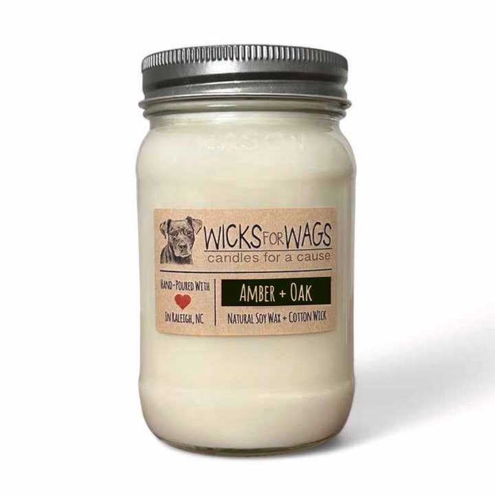 Wicks for Wags - Wholesale Jar/filled candle - Amber + Oak | Large Mason Jar Soy Candle0