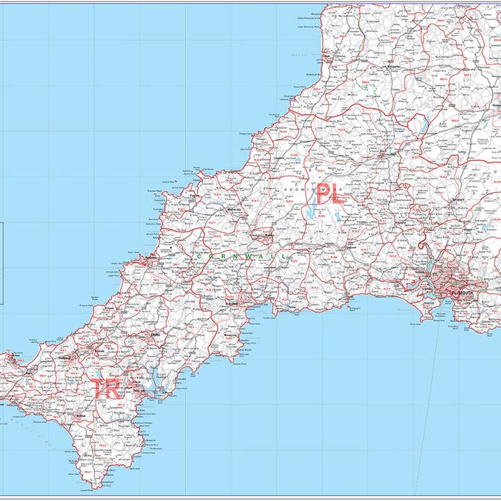Mappa della parete dei codici postali della Cornovaglia e delle isole Scilly - Mappa dei settori 1 per la vendita all'ingrosso da parte di Map Marketing Limited