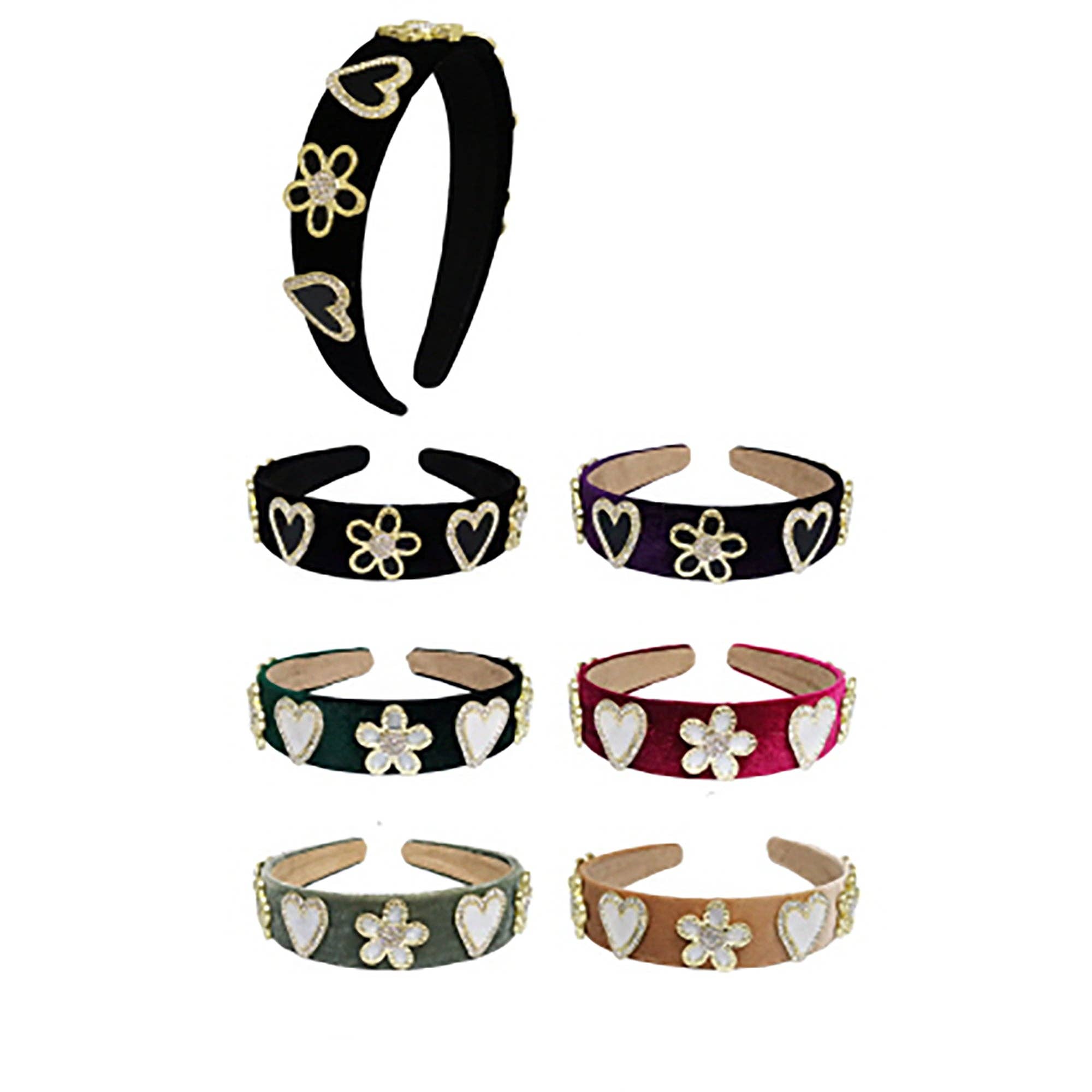ASSORTED Heart Flower Charm Velvet Headband HB21027-16 (12PC) for wholesale on Faire1