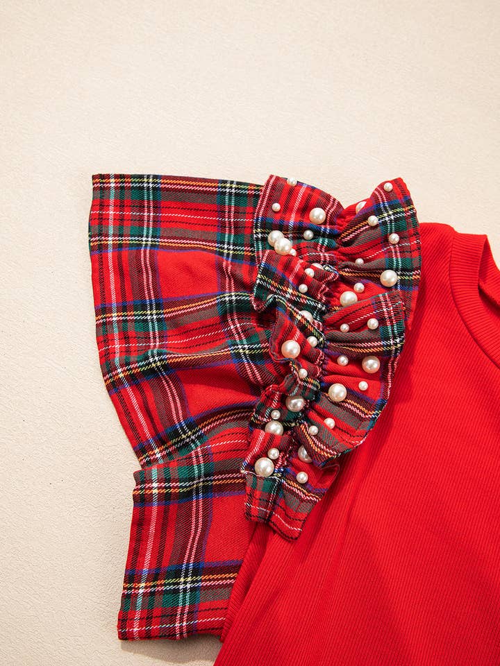 FASHION BLVD - Wholesale Blouse - Women's - FB Plaid Patchwork Pearl Beaded Ruffle Sleeve T-Shirt7