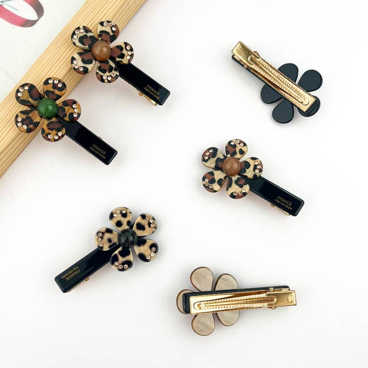 Leopard Print Rhinestone Flower Acetate Duckbill Clip for wholesale by SoapElenGlen