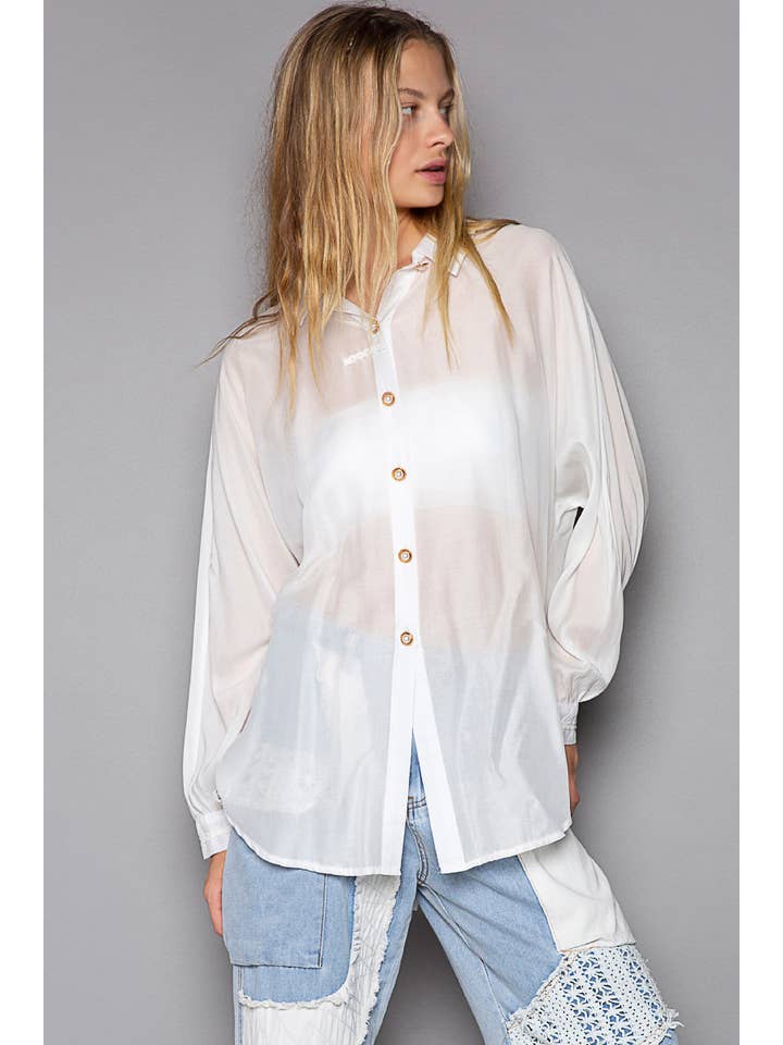 Pol Clothing - Wholesale Button Down Shirt - Women's - Open back batwing long sleeve sheer button down shirt SALE