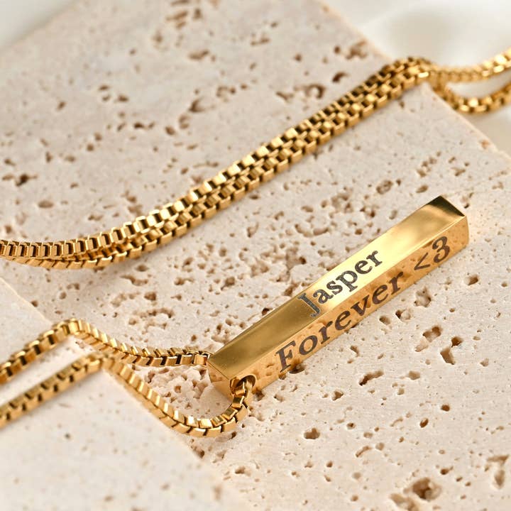 Engraved Bar Necklace - Tarnish-free 3d Vertical Bar Pendant for wholesale by Blueyejewelry