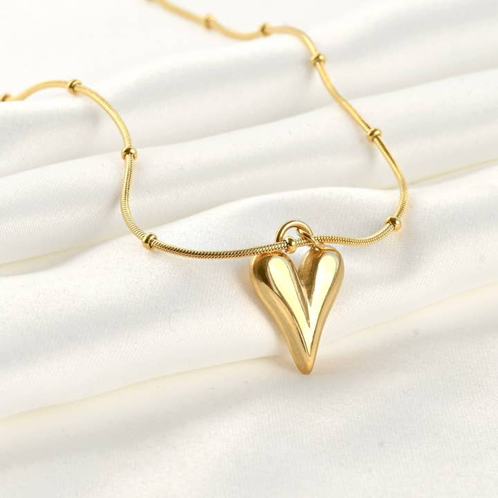 18k Gold Puffy Heart Necklace - Beaded Snake Chain Necklace for wholesale by Blueyejewelry