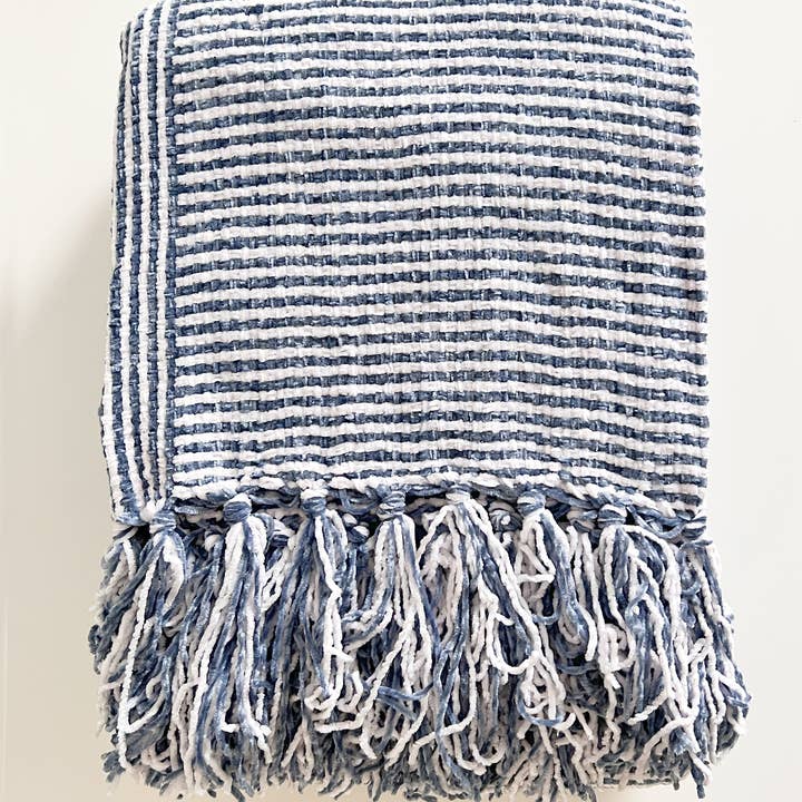 Fennco Styles - Wholesale Throw Blanket - Navy Blue Chenille Woven Striped 50"x60" Throw Blanket