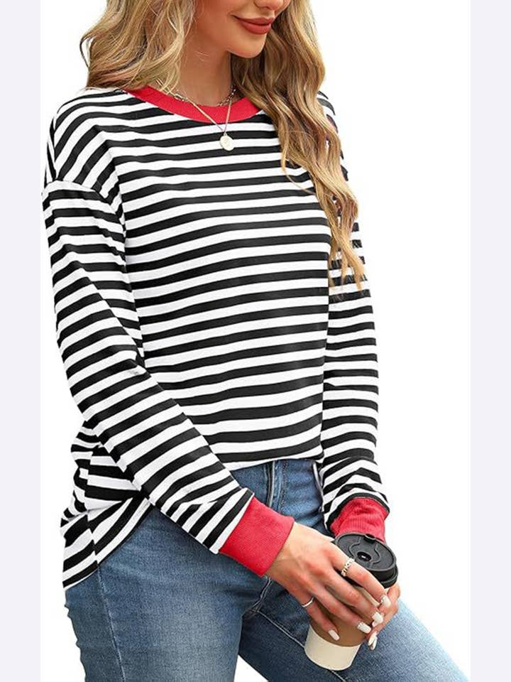 Wholesalesir - Wholesale Tunic - Women's - Contrast Loose Round Neck Striped Long Sleeved Top