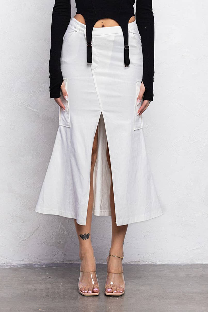 No Vacancy - Wholesale Skirt - Women's - Mermaid front cut detail diagonal midi skirt0