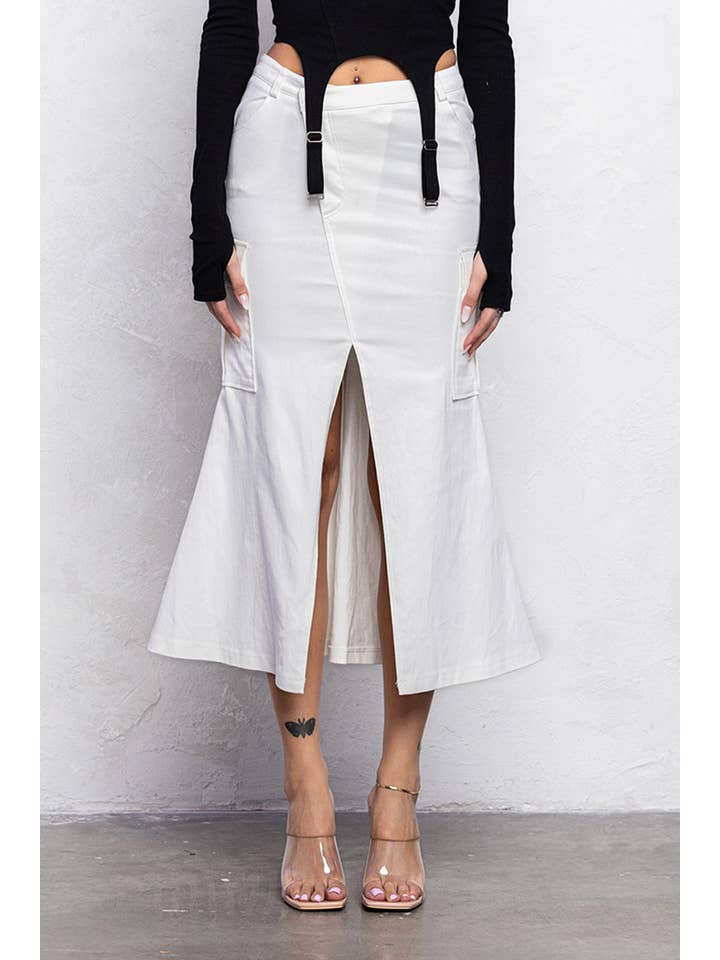 No Vacancy - Wholesale Skirt - Women's - Mermaid front cut detail diagonal midi skirt