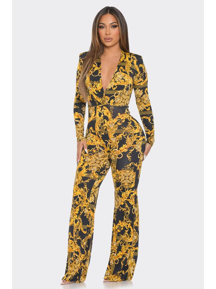 BLACK GOLD J7476 Shoulder Pad Wrap Print Jumpsuit for wholesale on Faire