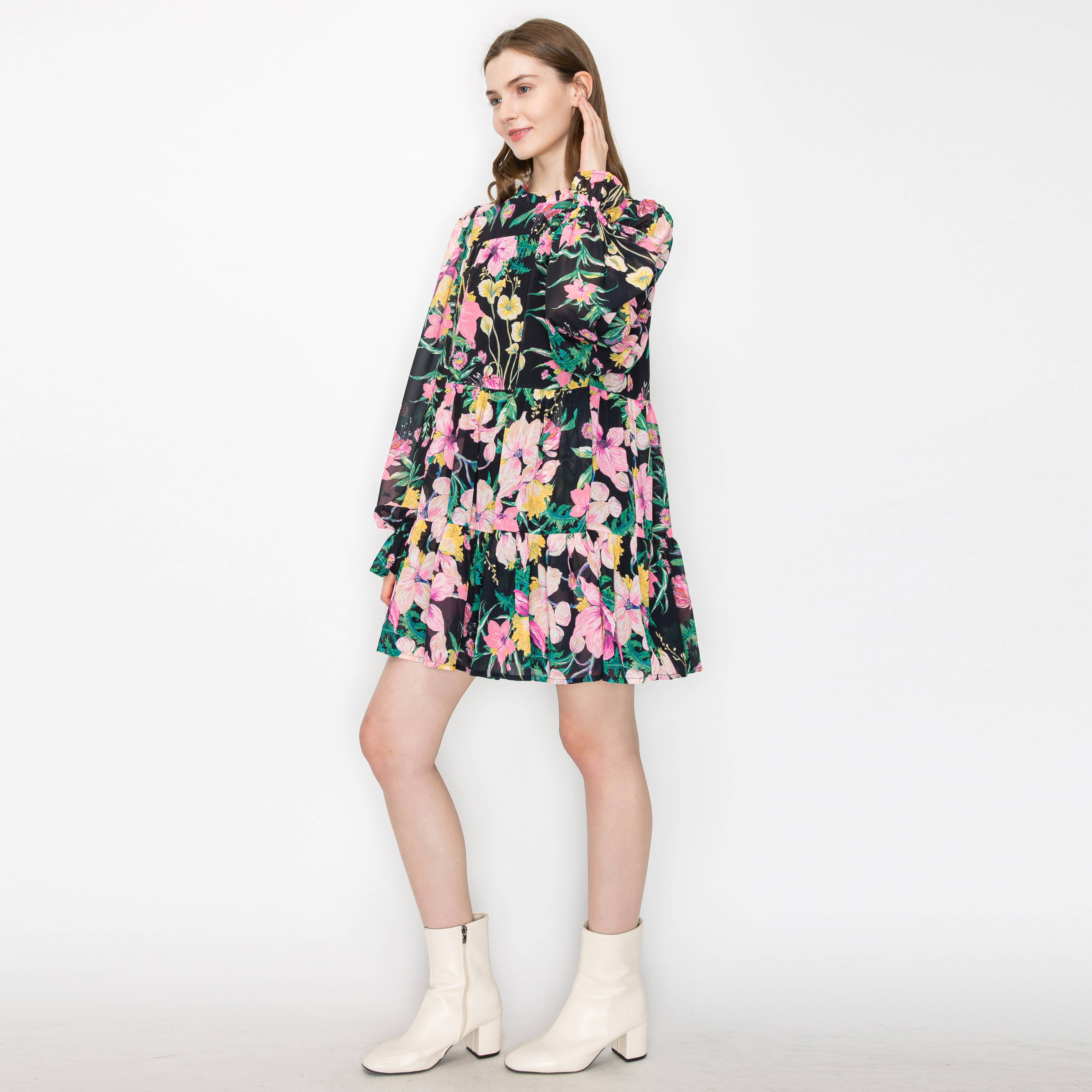 LoveWednesday - Wholesale Dress - Women's - Black wild floral print mini dress - LWD25953