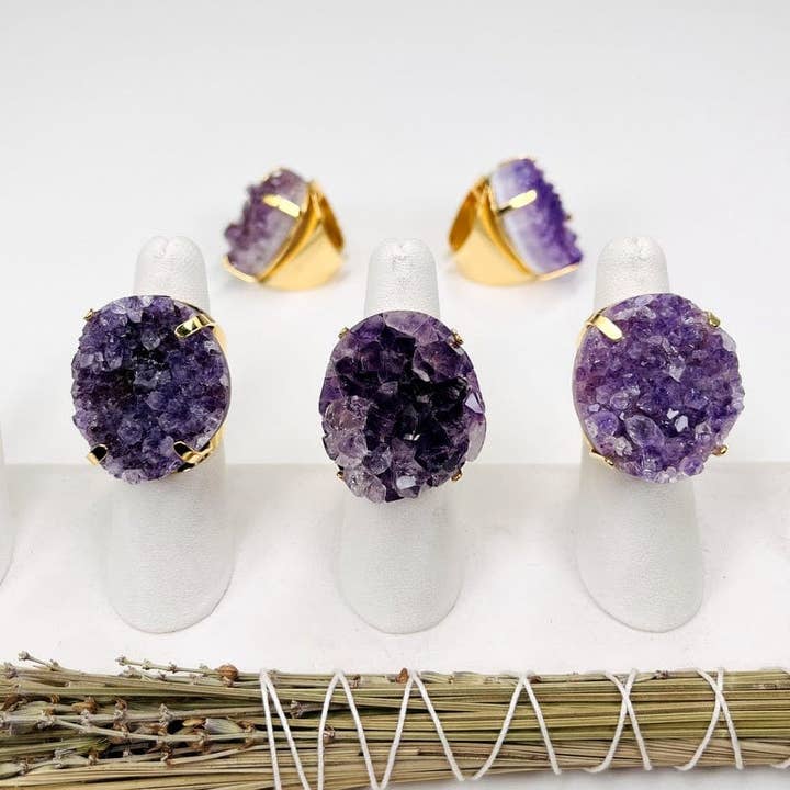 Crystal Amethyst Cluster Statement Adjustable Ring for wholesale by Rock Paradise