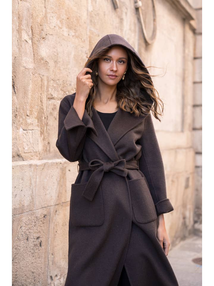 Attentif Paris - Wholesale Coat - Women's - Hand-sewn long wool coat with large hood and belt11