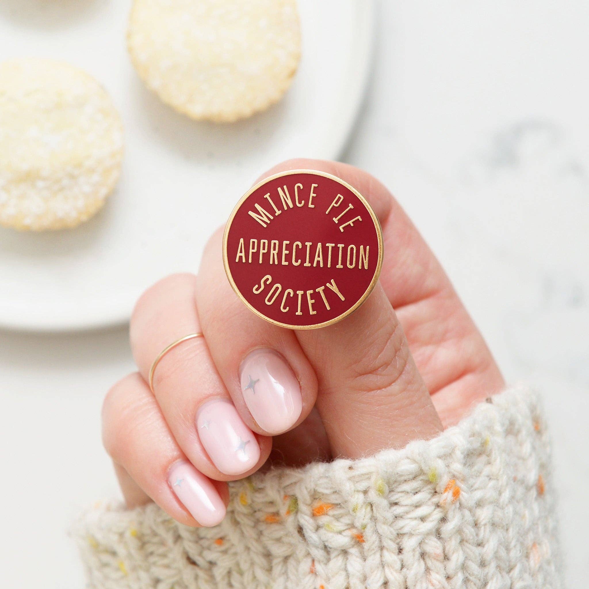 Alphabet Bags - Wholesale Lapel pin/button - Mince Pie Appreciation Society - Burgundy - Enamel Pin