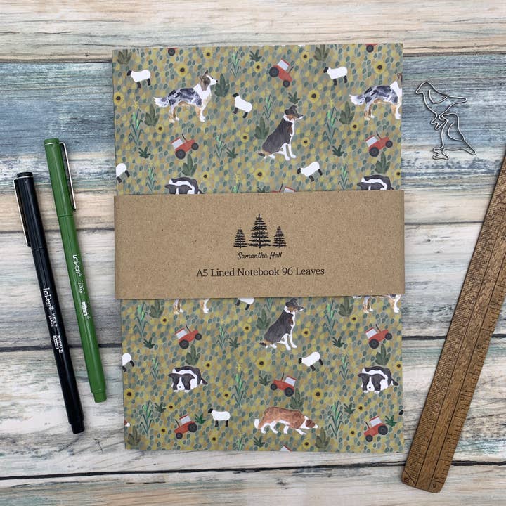 Border Collie A5 lined notebook for wholesale by Samantha Hall Designs