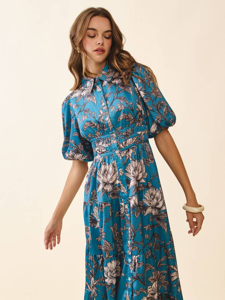 CD06279-Floral Print Collared Neck Button Front Dress for wholesale by TCEC