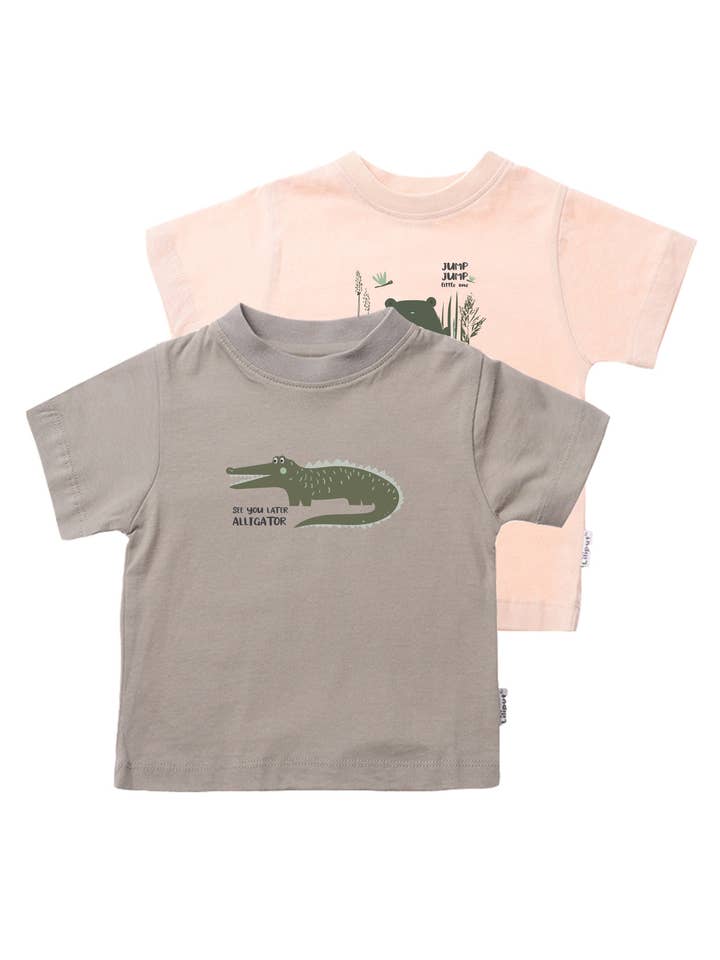 Pack de 2 T-shirts de algodão orgânico em cáqui e damasco com estampado "Crocodilo" por atacado de Liliput