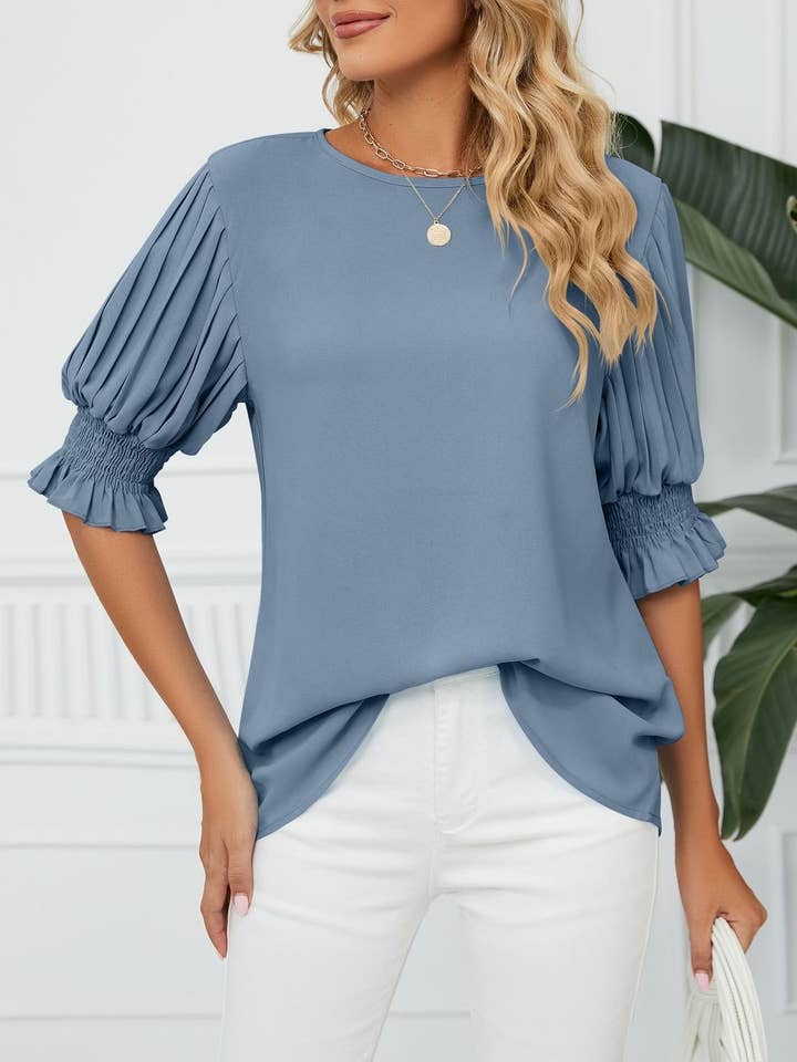 Crewneck Ruffled Sleeves Loose Chiffon T-Shirt Top for wholesale by Rosa Clothing