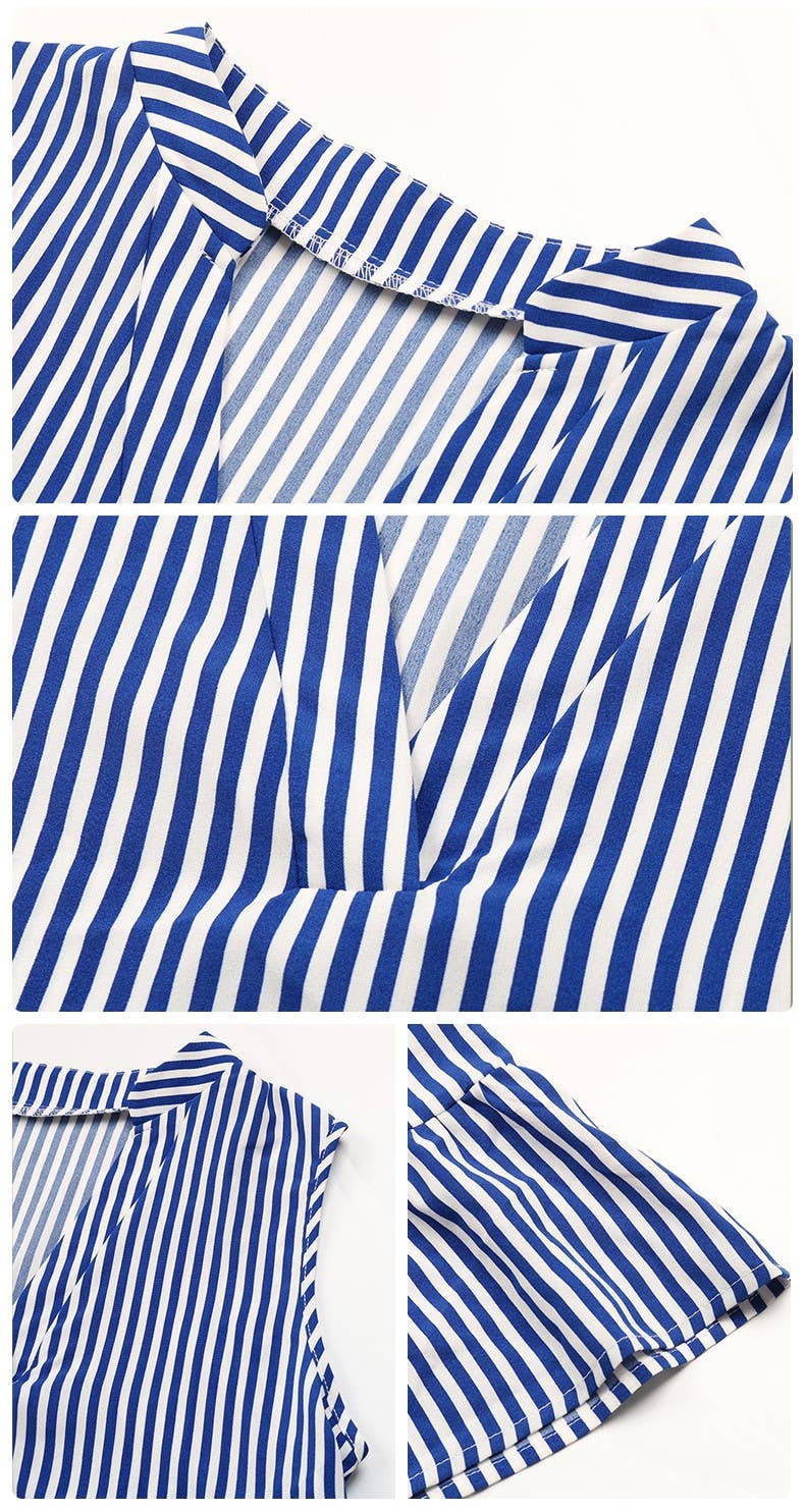 Blue Sleeveless V-Neck Vertical Stripe Shirt for wholesale on Faire4