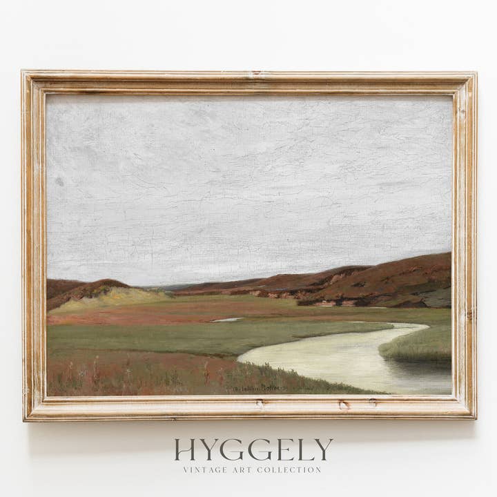 Peinture à l'huile ancienne sur terre | Impression d'art de paysage fluvial L216 pour la vente par Hyggely