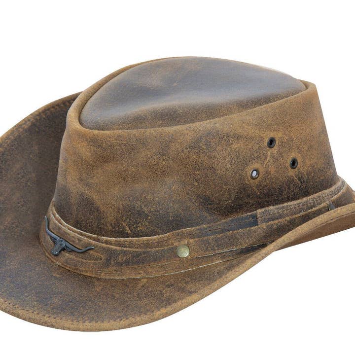 Cowboy Aussie Real Leather Hat Australian Tan Brown Western Outback Bush Hat for wholesale on Faire
