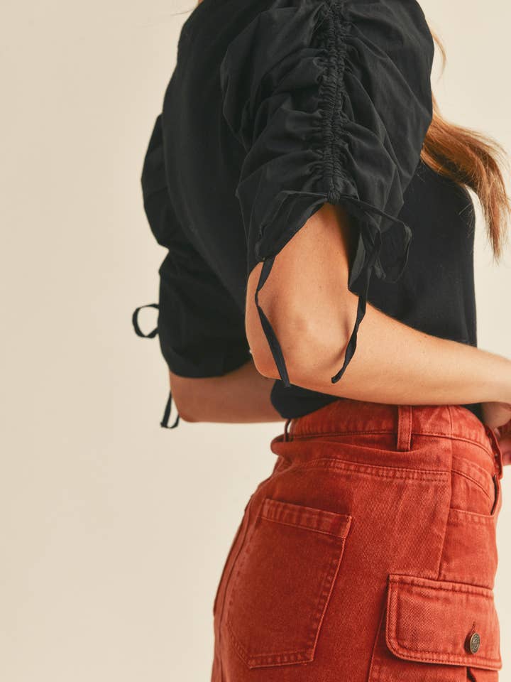 &MERCI - Wholesale Knit Top - Women's - RUCHED SLEEVE MIXED MEDIA TOP MSW246418