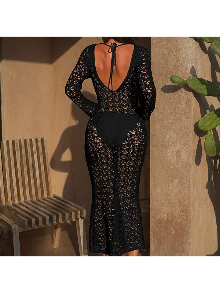 Anna Kaci Wholesale - Wholesale Dress – Women's - Crochet Lace Long-Sleeve Maxi Beach Dress5