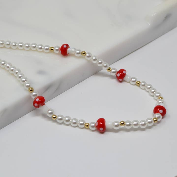 Mushroom Murano Bead with Pearl Beads Necklace for wholesale by StarryNYC