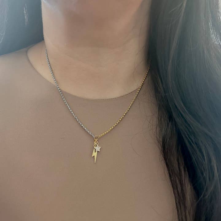 Amady Jewelry - Wholesale Pendant/Charm Necklace - Thunder and star charm pendant necklace two tone silver gold6