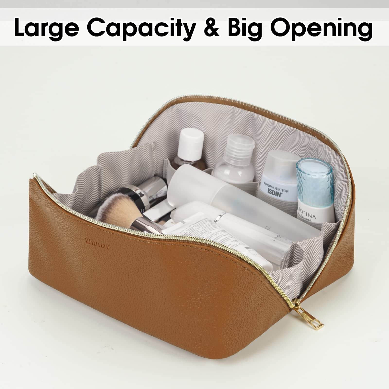 wandf - Venta al por mayor Bolsa para maquillaje - Bolsa de maquillaje de cuero vegano plana abierta, bolsa cosmética con cremallera5