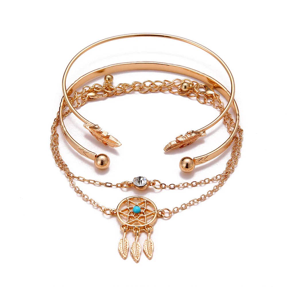 EAST INDIA IMPORTS - Venta al por mayor Juegos de joyas - Conjunto de pulseras con atrapasueños y plumas en tono dorado1