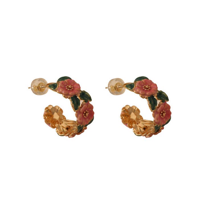 Perimade & Co. LLC - Wholesale Hoop Earrings - Vintage Enamel Camellia Flower Hoop Earrings in Solid Copper3