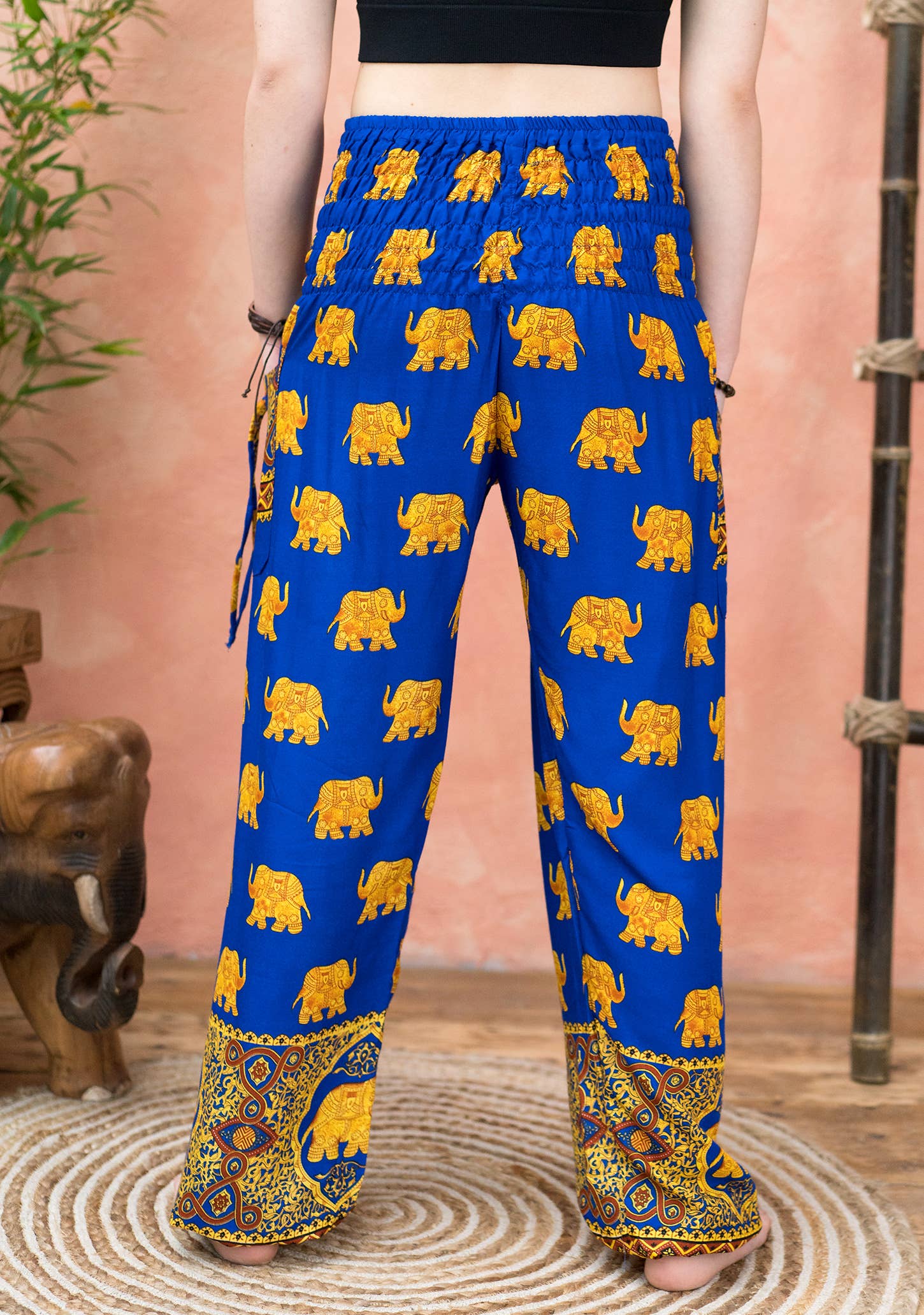Namaste - Wholesale Pants - Women's - Freesize Gold Elephant Print Trouser With 2 Tie Pockets2
