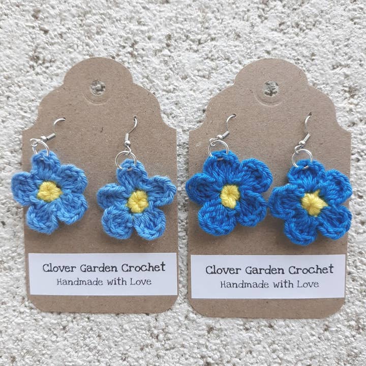 Crochet Cotton Forget Me Not Flower Drop Earrings for wholesale by Clover Garden Crafts