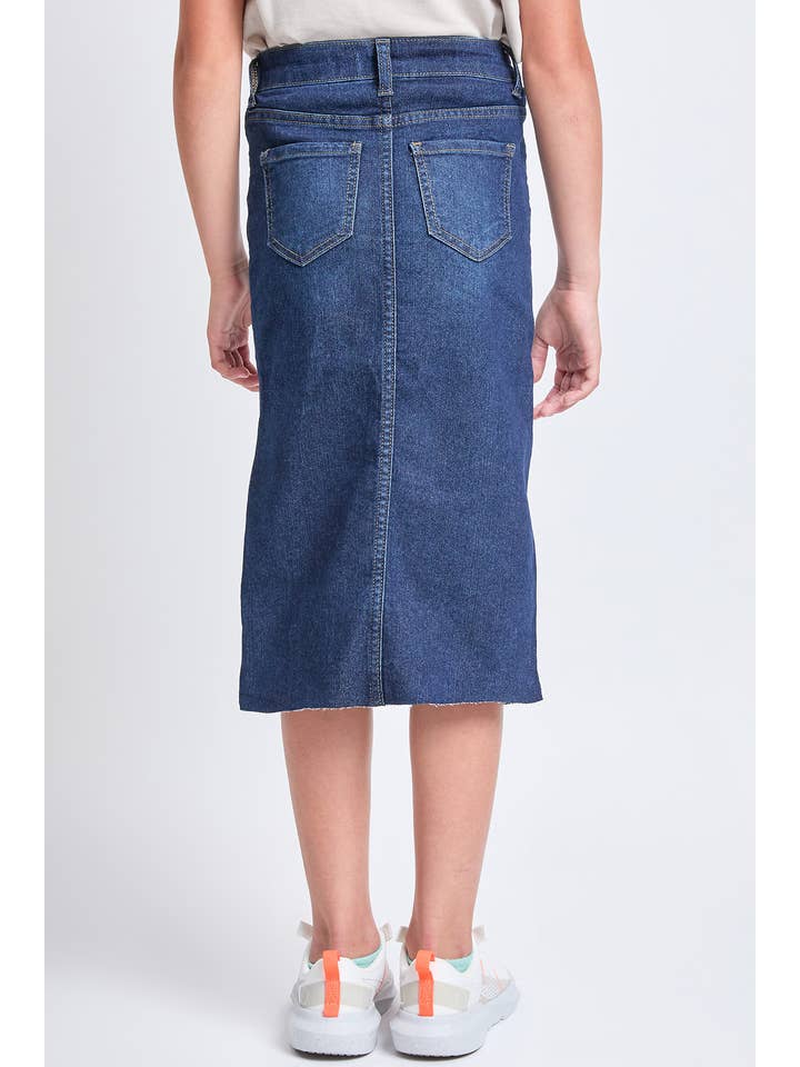 Mørk Indigo Lang nederdel i denim foran til piger med slids rå kant for engroshandel på Faire
