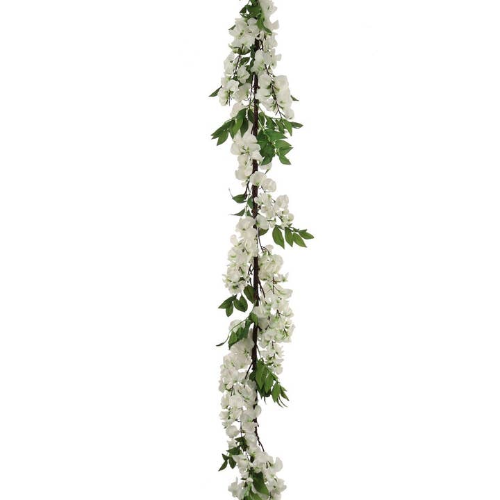 Larksilk - Wholesale Bunting/Garland - 5Ft White Wisteria Garland With Silk Flowers & Foliage1