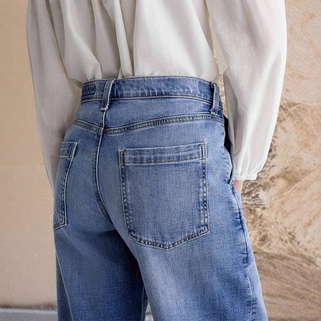 bleu Jeans décontractés à jambes larges et droites pour femmes en vente sur Faire4