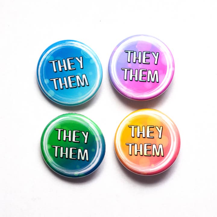 They/them pronoun pin / button for wholesale by Crafty Queer Studio