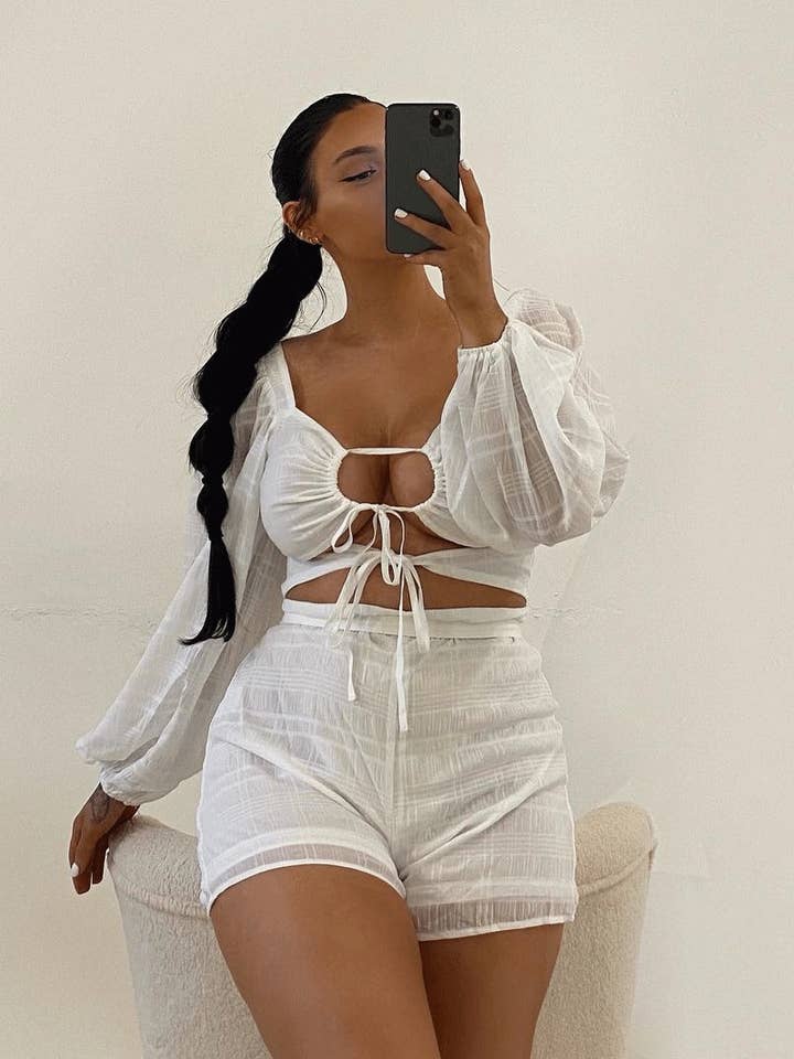 White Front Cut Out Long Sleeve Playsuit - Cami for wholesale by Rebellious Fashion