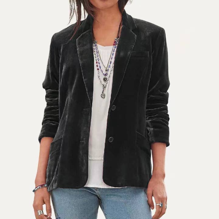 The Moment Collection - Wholesale Blazer - Women's - Classic Solid Velvet Collared Neck Long Sleeve Button Blazer