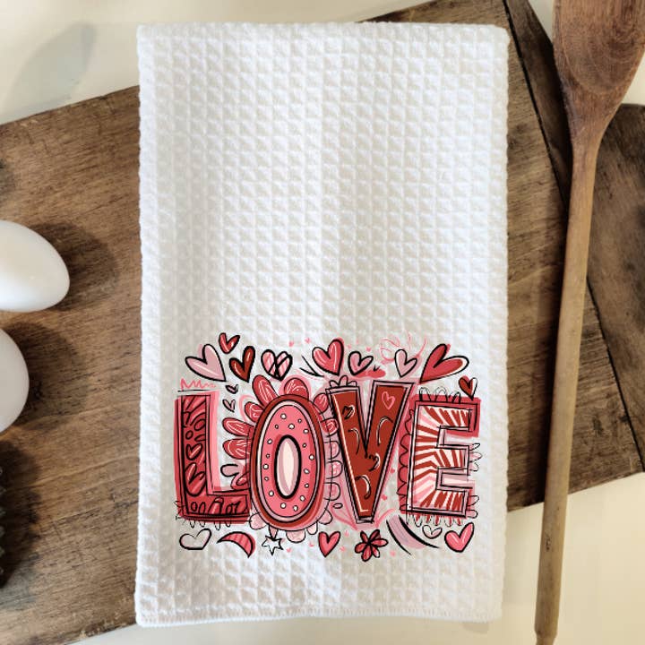 Valentines LOVE Waffle Weave Dish Towel Tea Towel for wholesale by Prairie Chicken Sticker Shop & Gifts